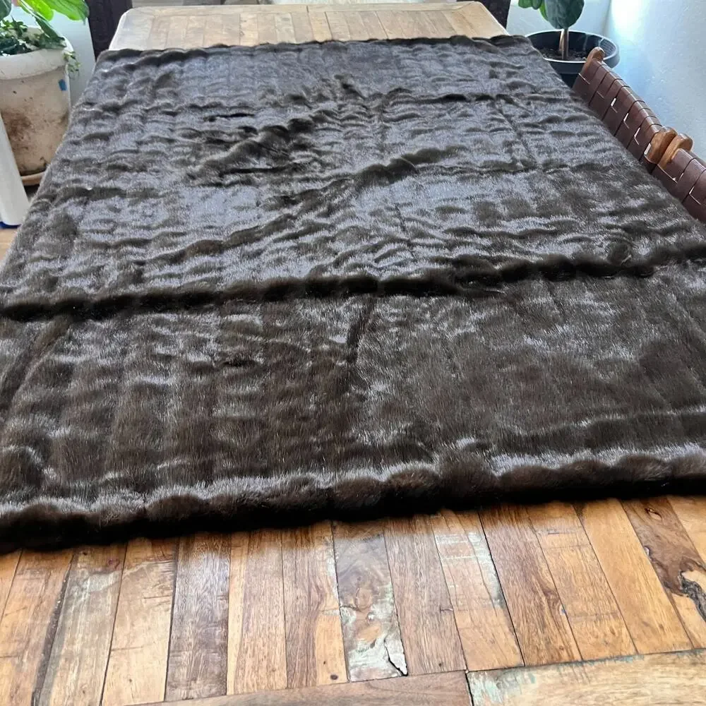 Faux Fur Channeled Mink Throw Blanket 49 x 57 in Brown Cotton Backing